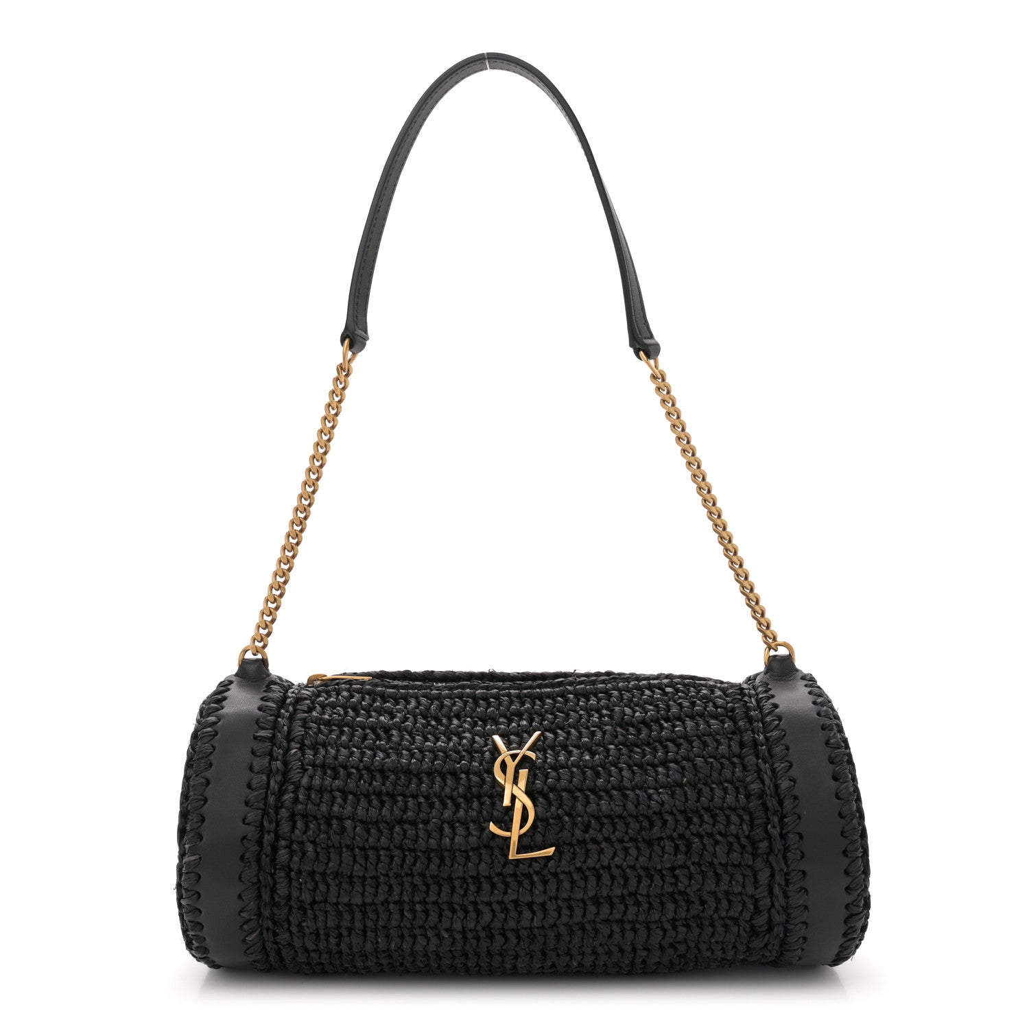 Raffia Monogram Small Cassandre Cylinder Bag Black