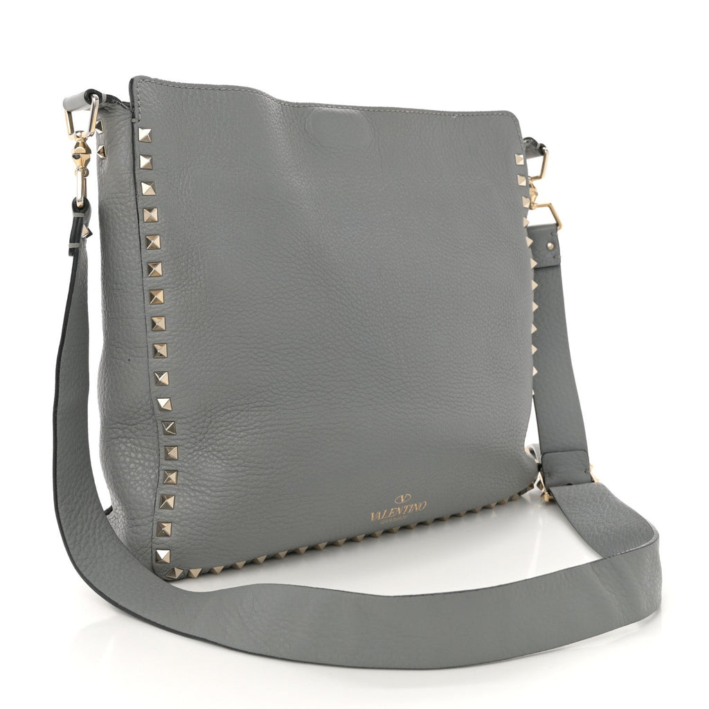 Pebbled Calfskin Small Rockstud Flip-Lock Messenger Bag Light Stone