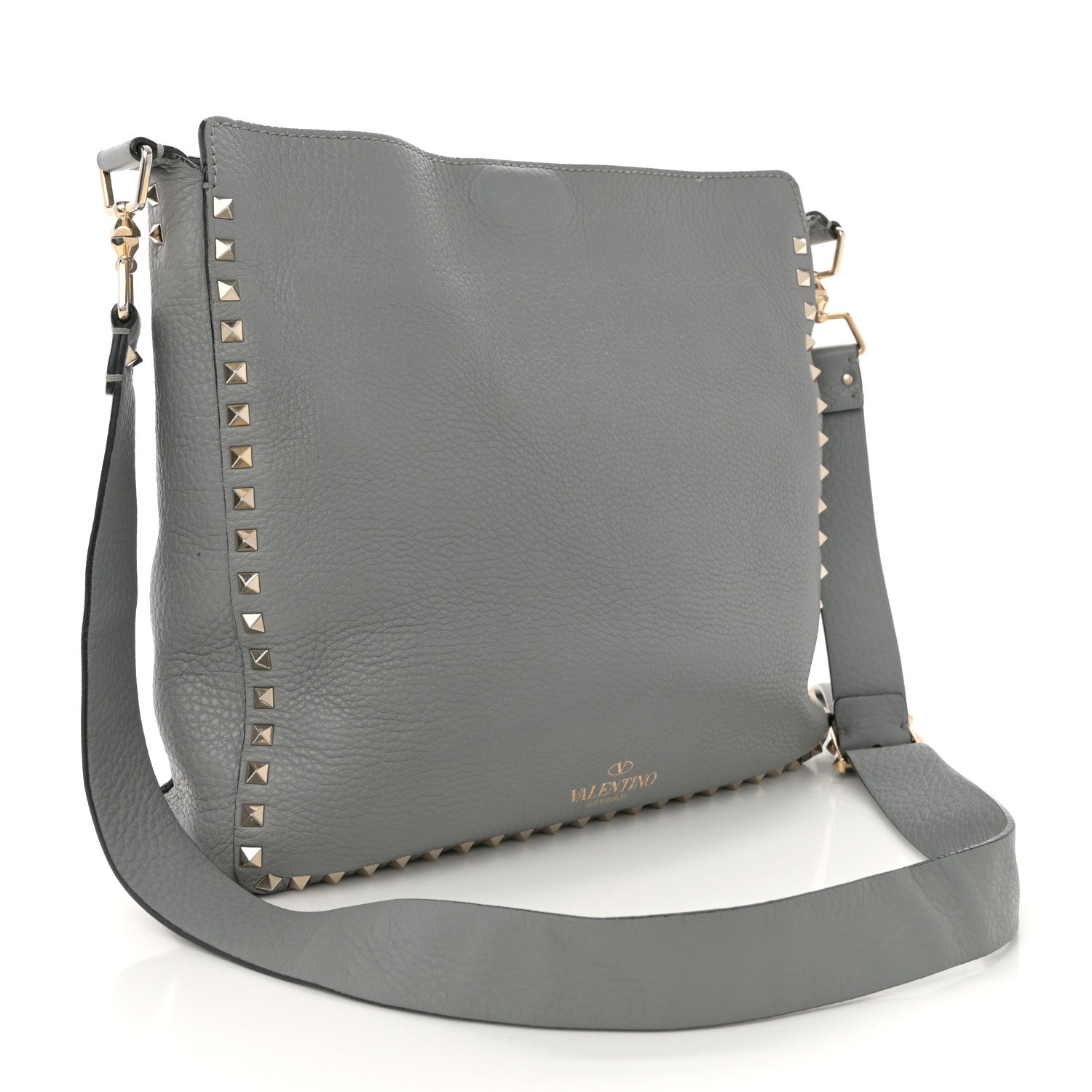 Pebbled Calfskin Small Rockstud Flip-Lock Messenger Bag Light Stone