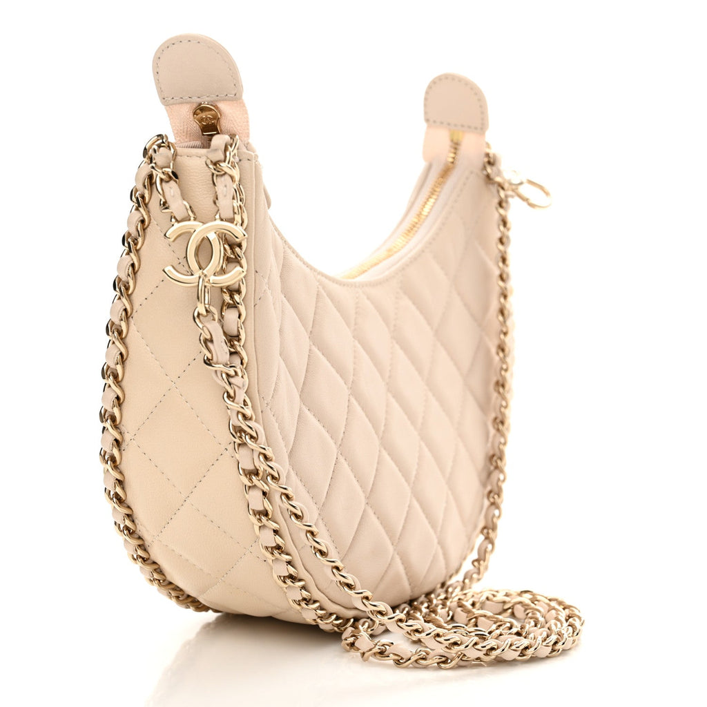 Lambskin Quilted Small Hobo Bag Light Beige