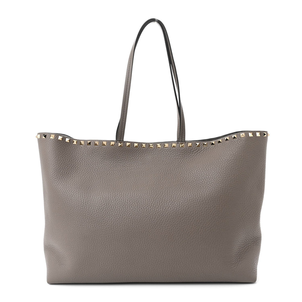 Grained Calfskin Small Rockstud Shoulder Tote Dove Gray
