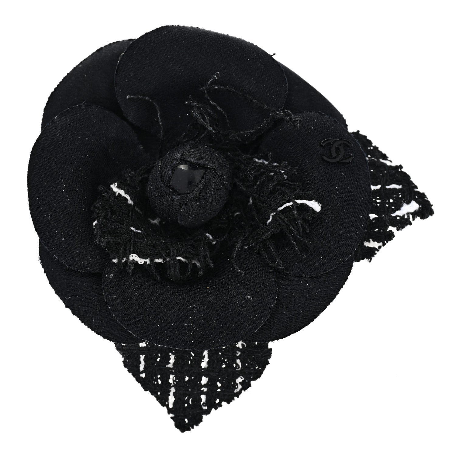 Tweed Fabric Camellia Pin Brooch Black White