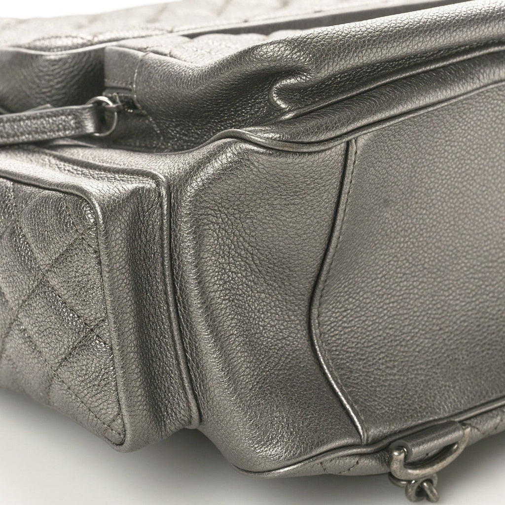 Metallic Grained Calfskin Quilted Large Casual Rock Backpack Charcoal
