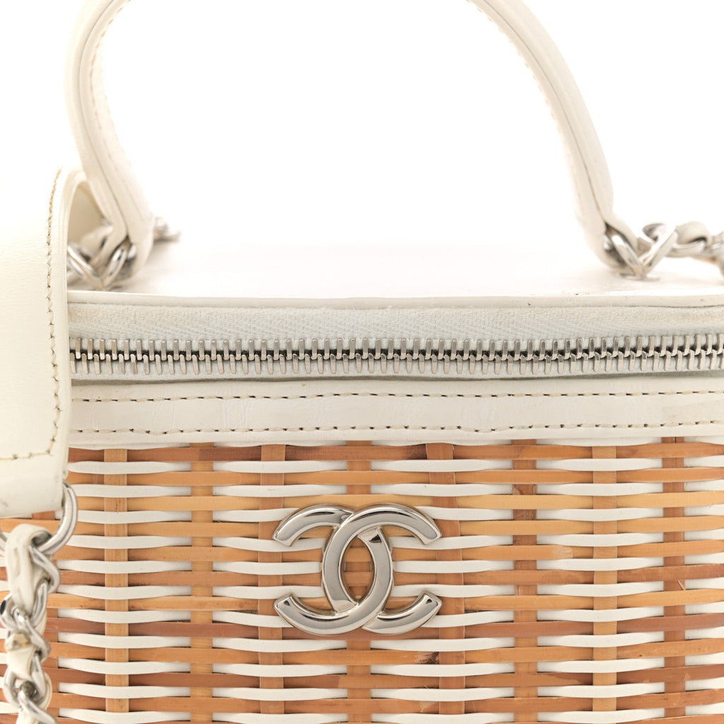 Calfskin Raffia Small Vanity Case Bag White Beige
