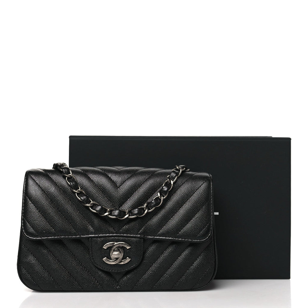 Metallic Caviar Chevron Quilted Mini Rectangular Flap Black