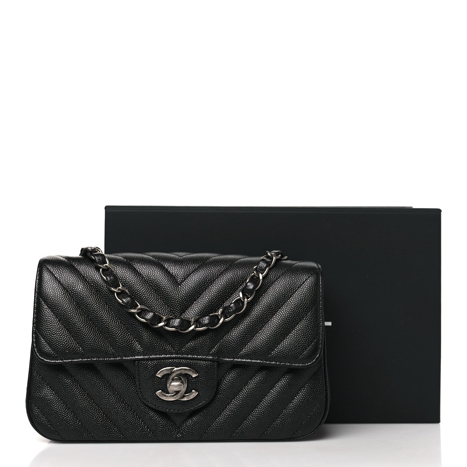 Metallic Caviar Chevron Quilted Mini Rectangular Flap Black