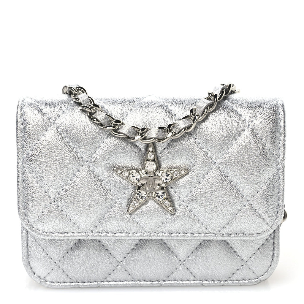 Metallic Goatskin Quilted Crystal CC Walk Of Fame Clutch With Chain Silver