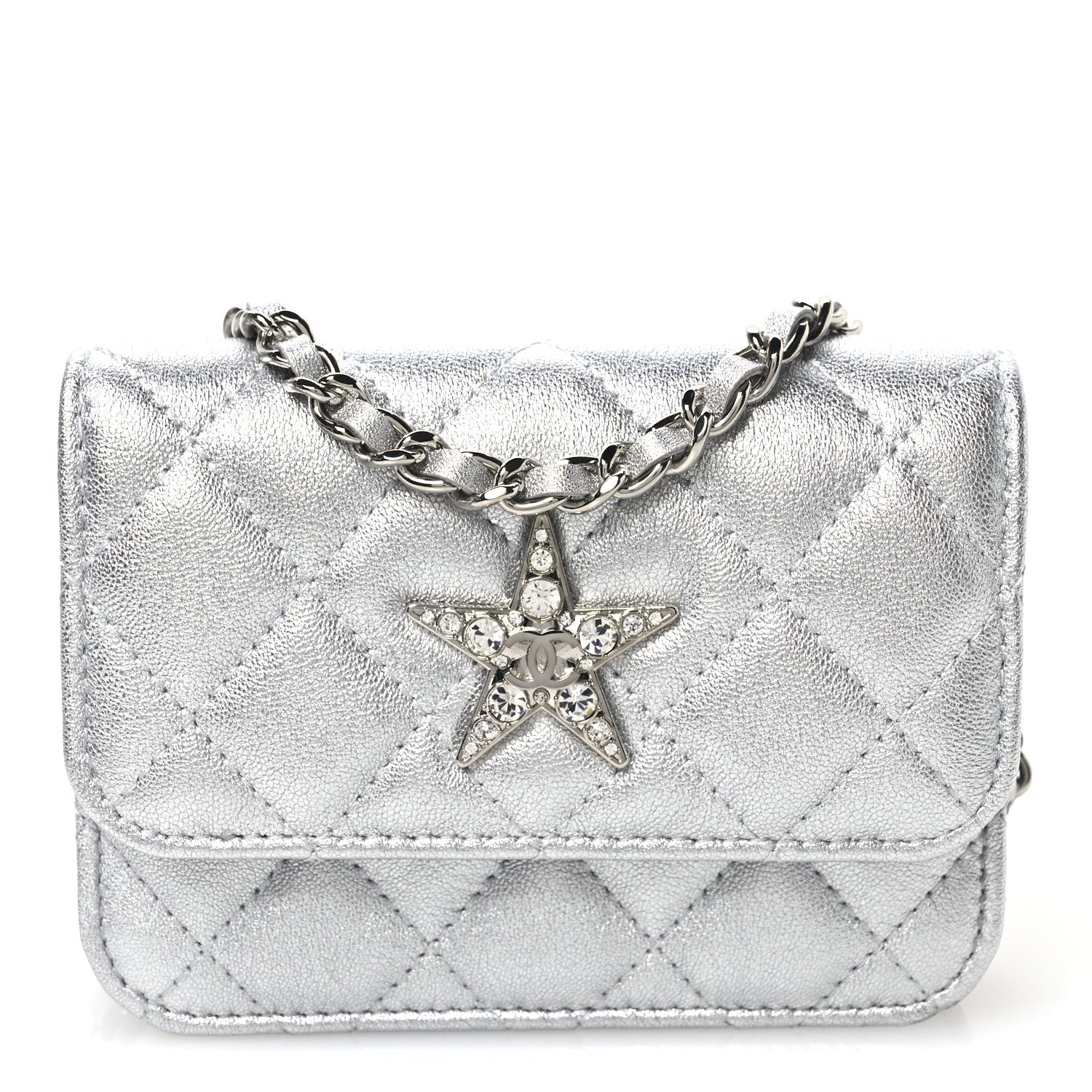 Metallic Goatskin Quilted Crystal CC Walk Of Fame Clutch With Chain Silver