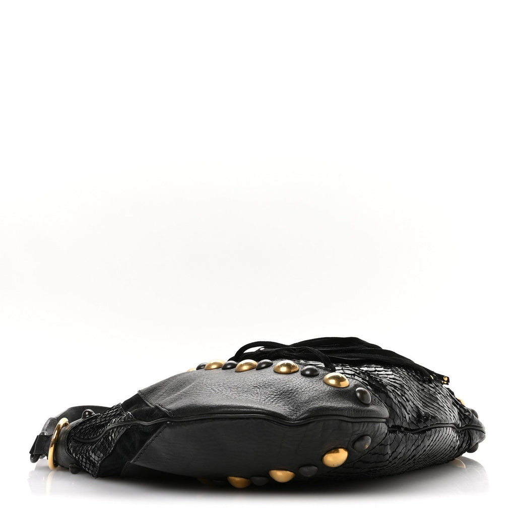 Suede Snakeskin Fringe Babouska Hobo Black