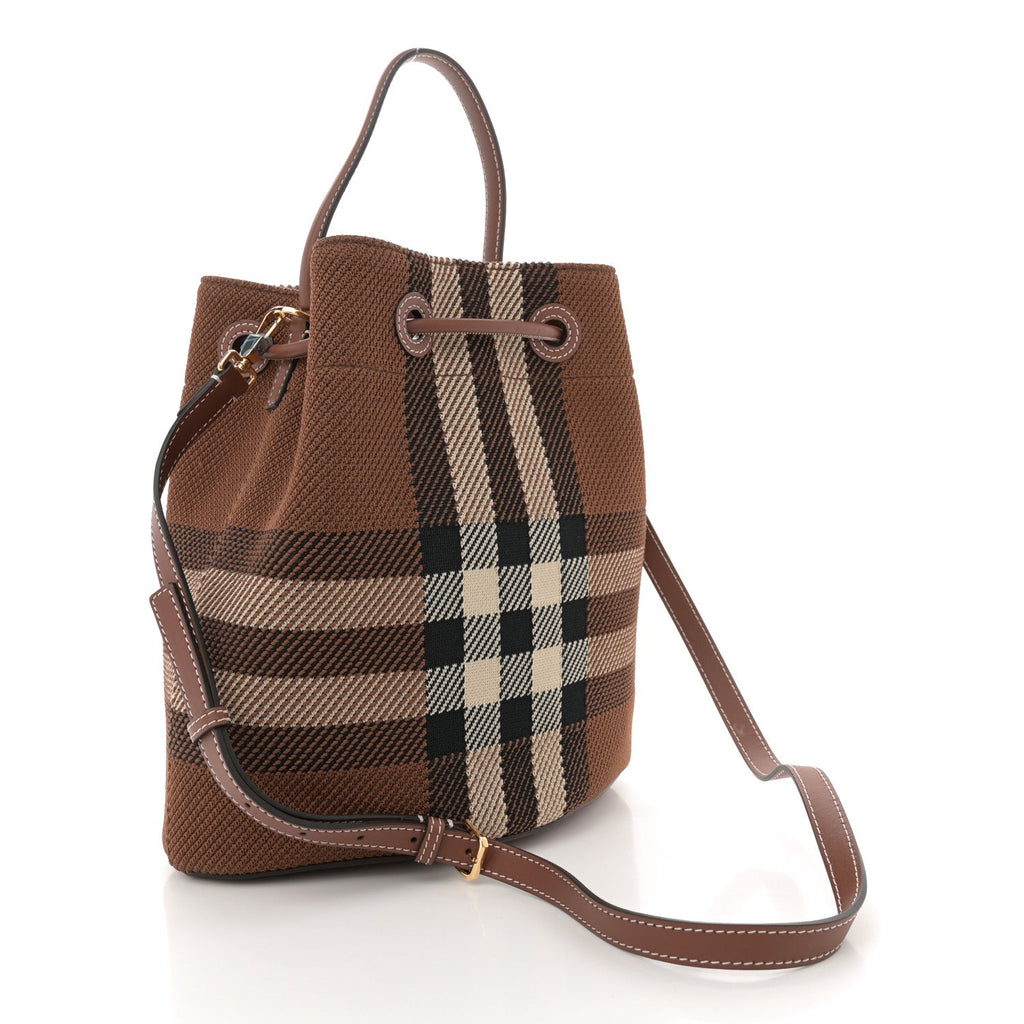 Knitted Check Calfskin TB Small Drawstring Bucket Bag Dark Birch Brown