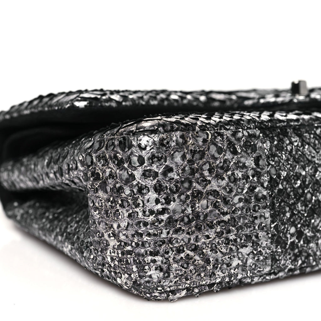 Metallic Snakeskin Medium Double Flap Black Silver
