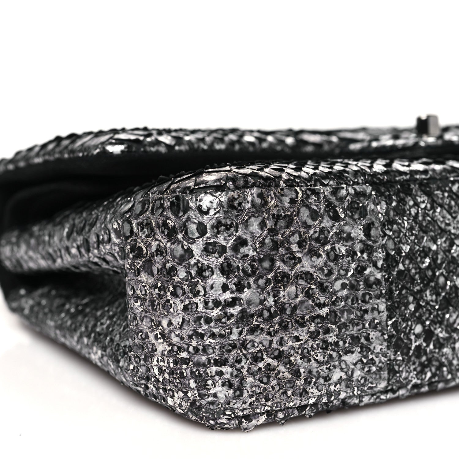 Metallic Snakeskin Medium Double Flap Black Silver