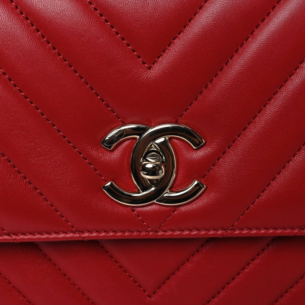 Lambskin Chevron Quilted Medium Trendy CC Dual Handle Flap Bag Red