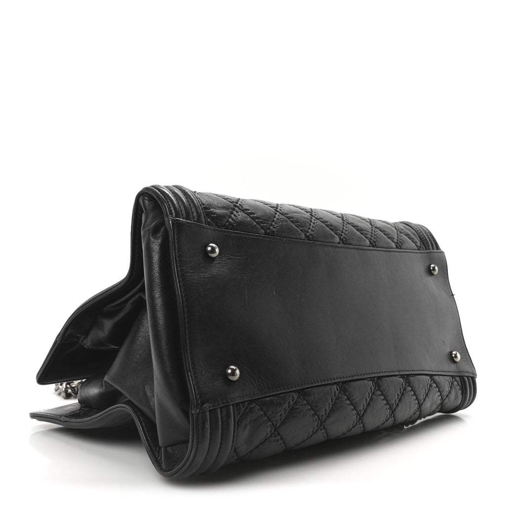 Calfskin Quilted Double Stitch Large Boy Tote Black