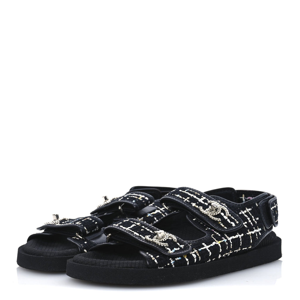 Tweed Lambskin Dad Sandals 39 Black Multicolor
