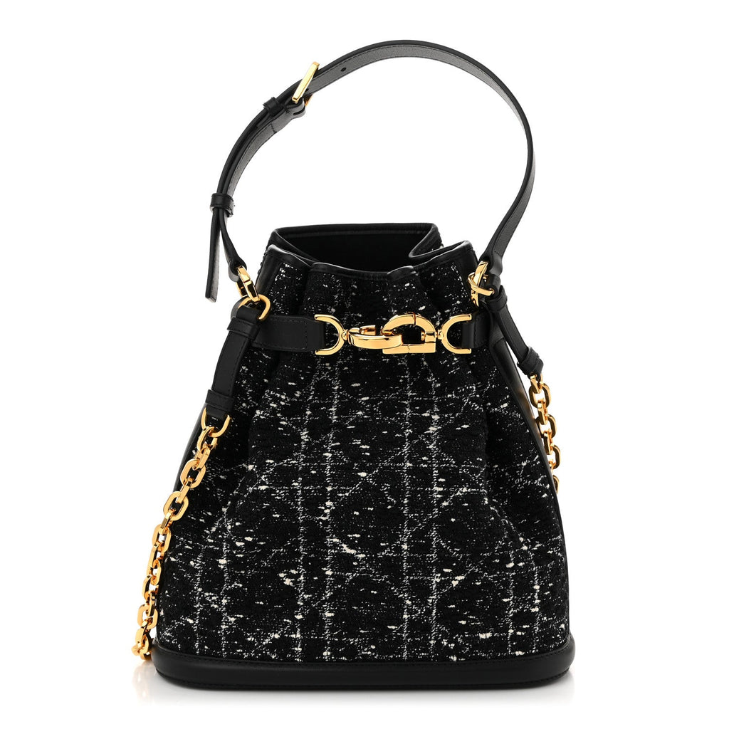 Calfskin Tweed Cannage Medium C'est Chain Bucket Bag Black White