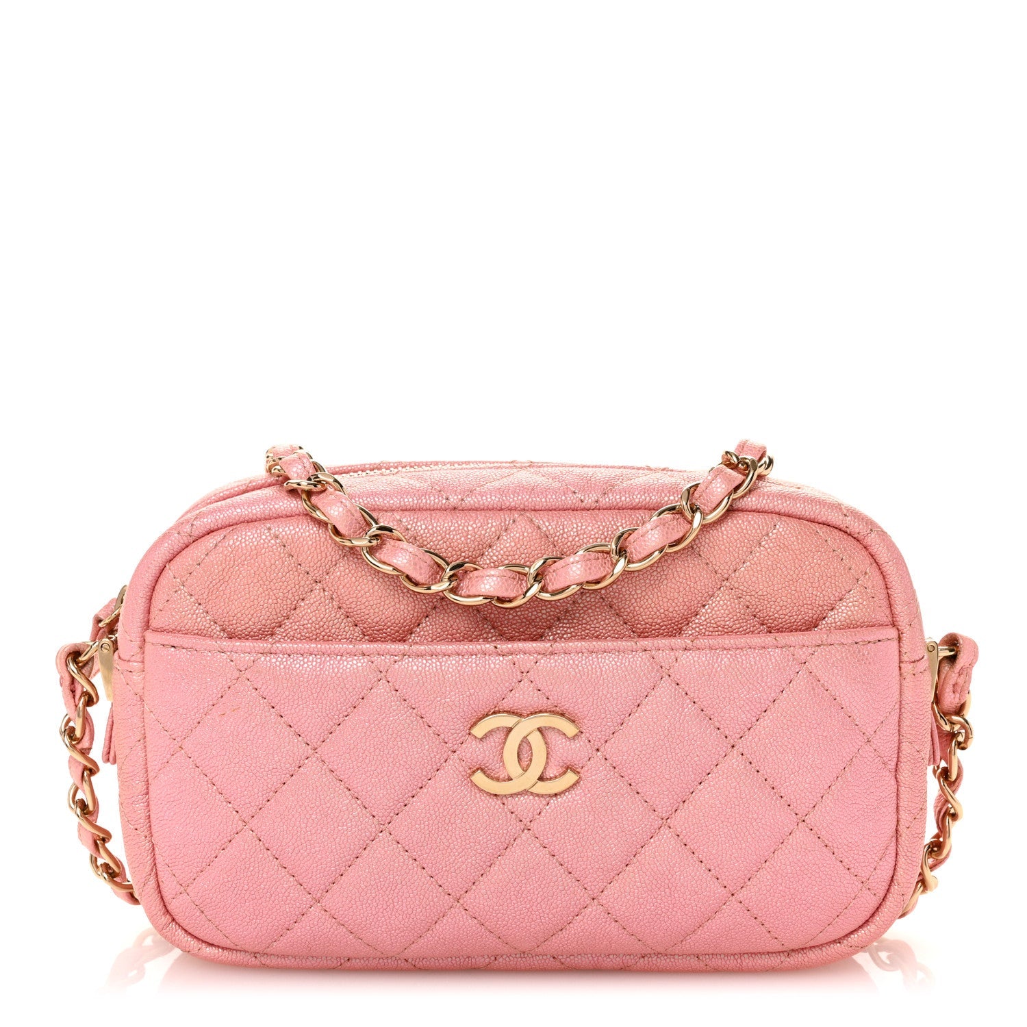Iridescent Caviar Quilted Small Timeless Camera Case Pink