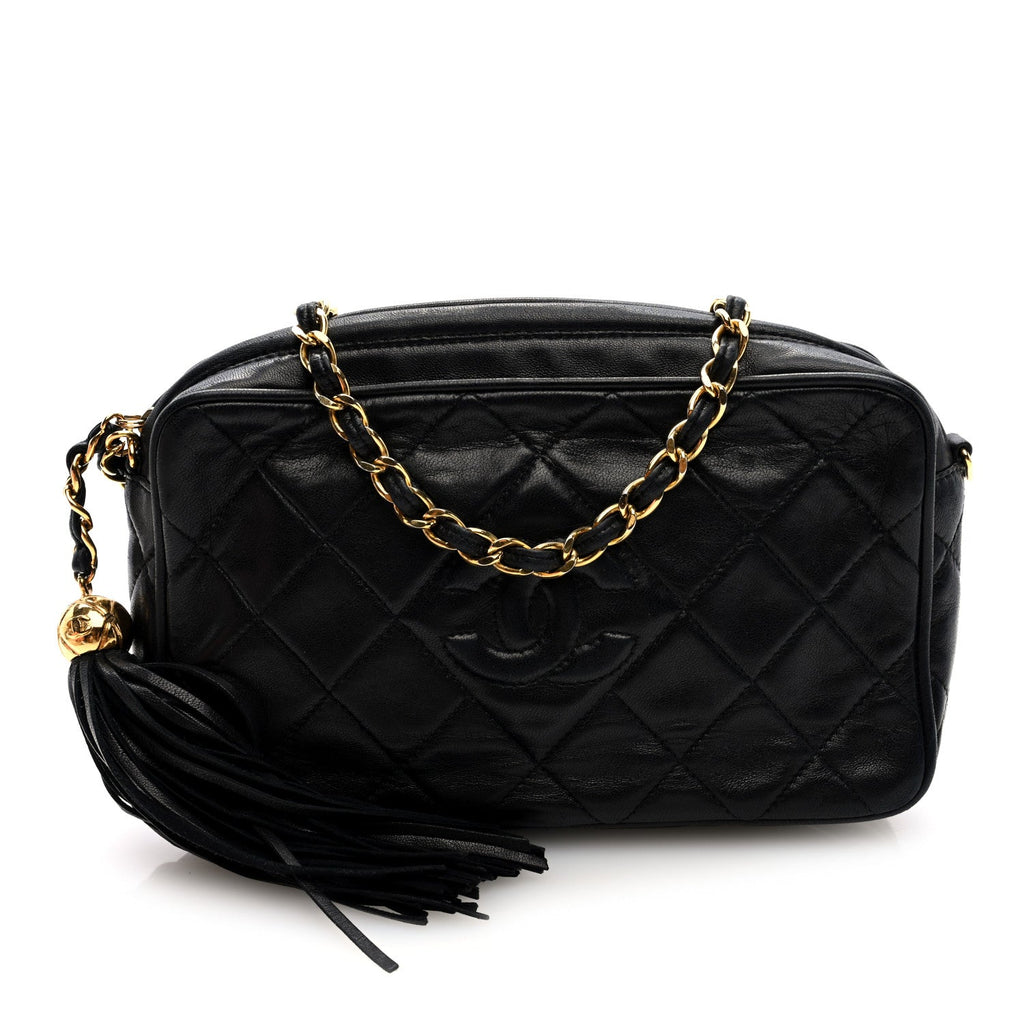 Lambskin Quilted CC Tassel Camera Case Black