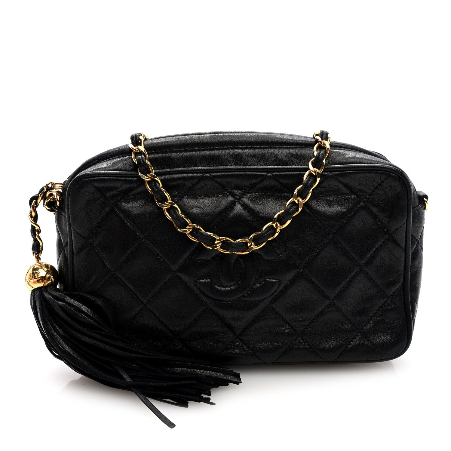 Lambskin Quilted CC Tassel Camera Case Black