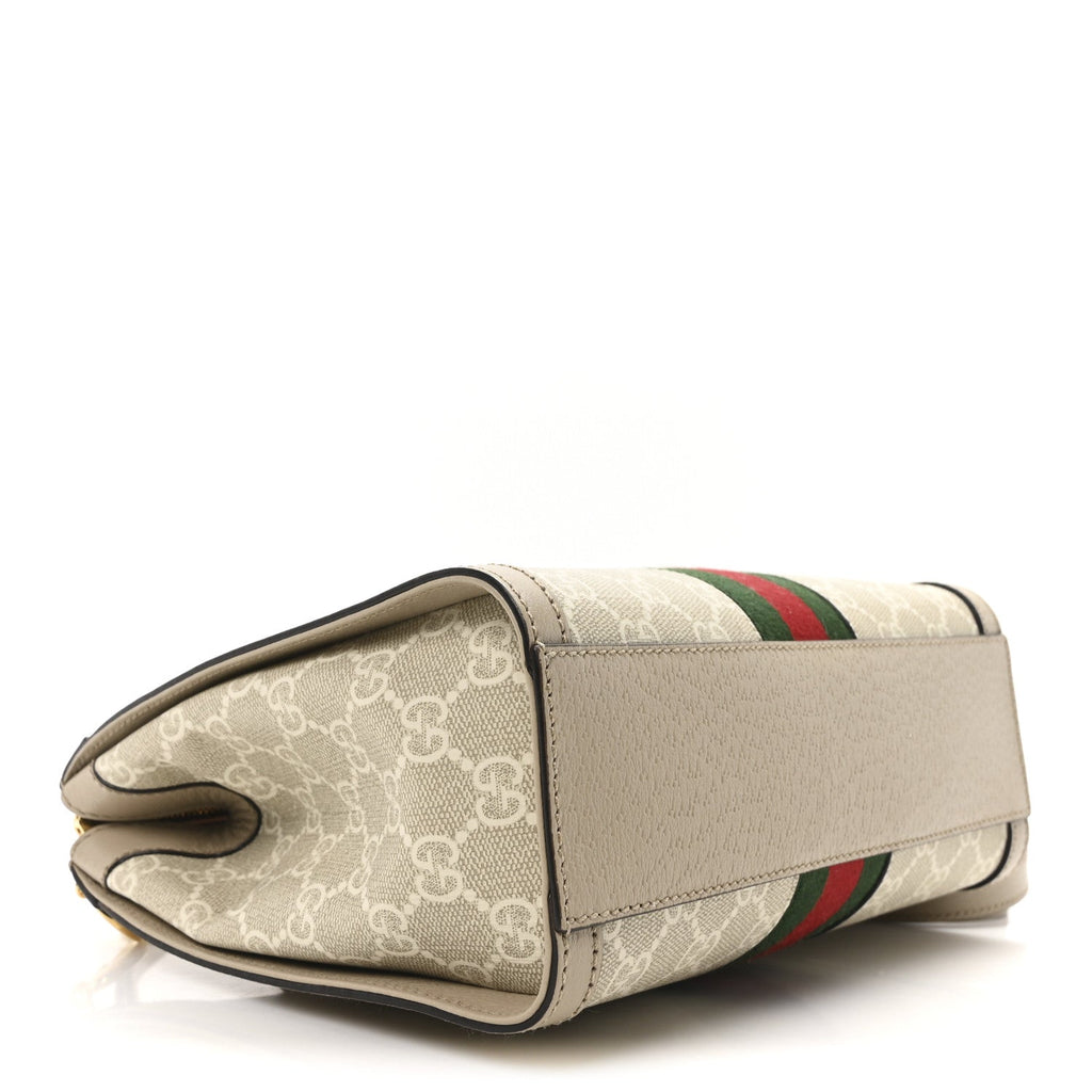 GG Supreme Monogram Textured Dollar Calfskin Web Small Ophidia Tote Bag Beige Mystic White Oatmeal