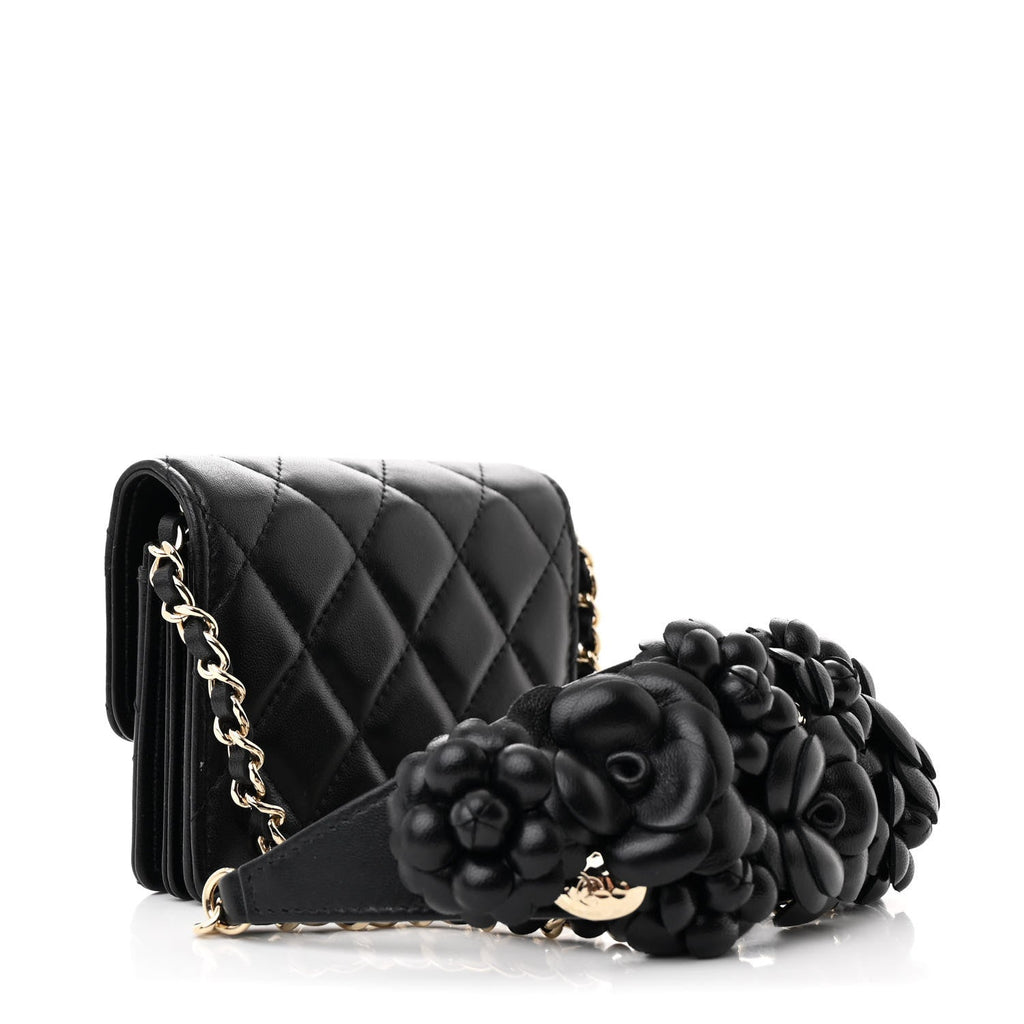 Lambskin Quilted Camellia  Holder On Chain Black