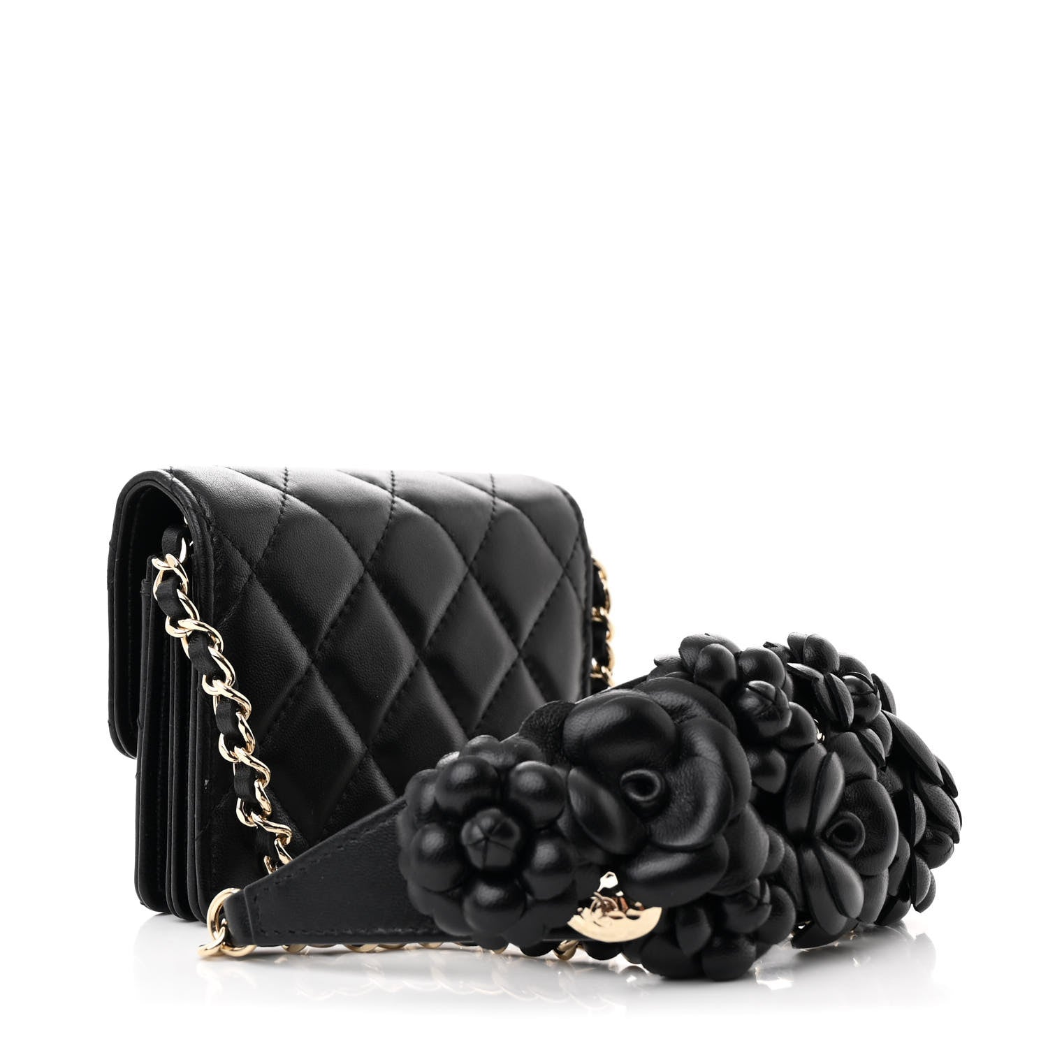 Lambskin Quilted Camellia  Holder On Chain Black