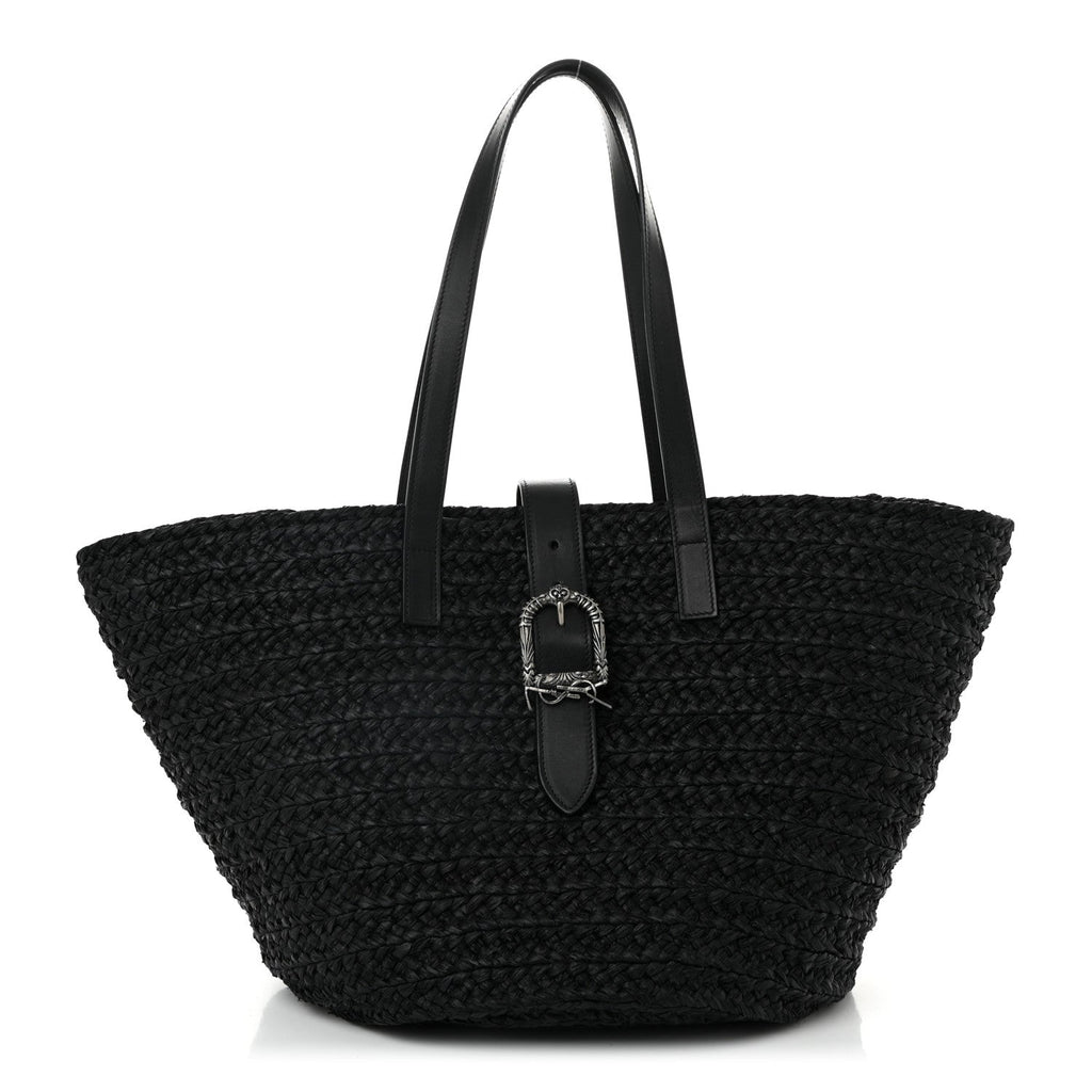 Raffia Calfskin Celtic Buckle Medium Panier Tote Black