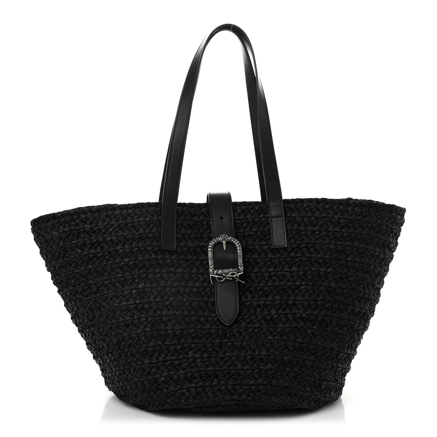 Raffia Calfskin Celtic Buckle Medium Panier Tote Black