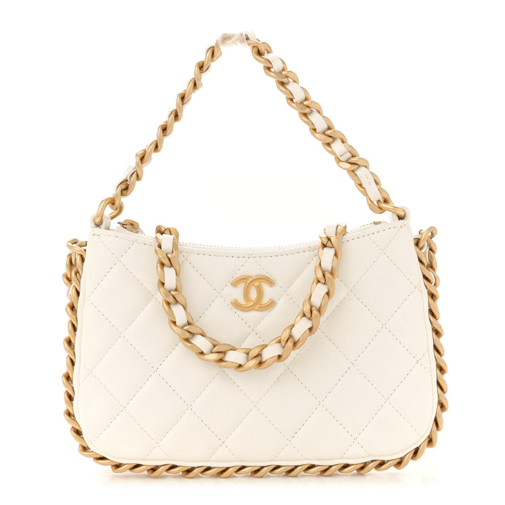Shiny Crumpled Lambskin Quilted Trendy Chain Around Hobo White