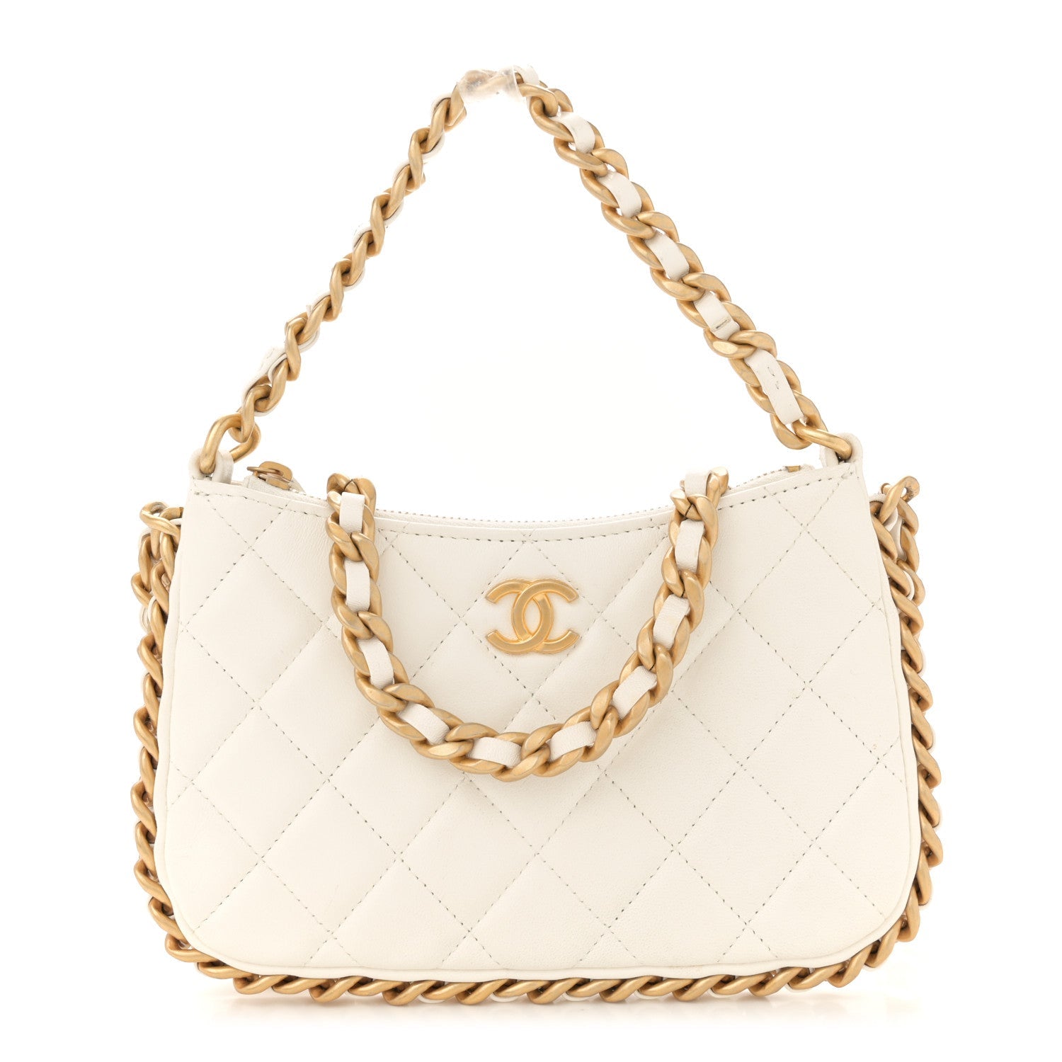 Shiny Crumpled Lambskin Quilted Trendy Chain Around Hobo White