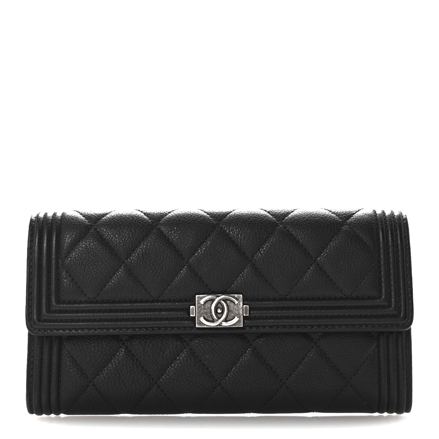 Calfskin Quilted Large Boy Gusset Flap Wallet Black