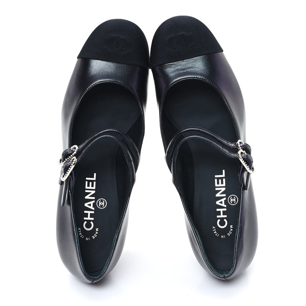 Iridescent Lambskin Grosgrain Pearl Mary Jane Pumps 38 Black