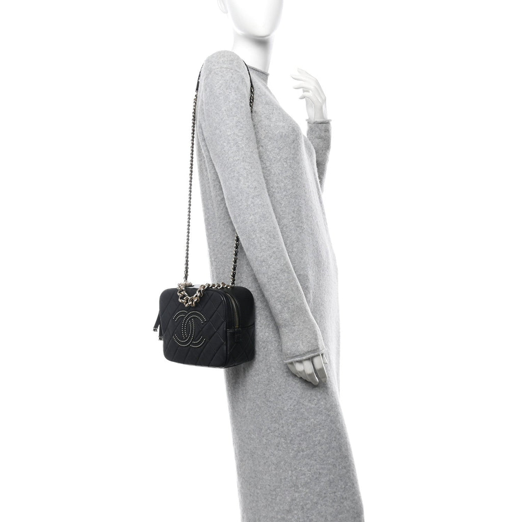 Lambskin Quilted Studded Quilted Vanity Case With Chain Black