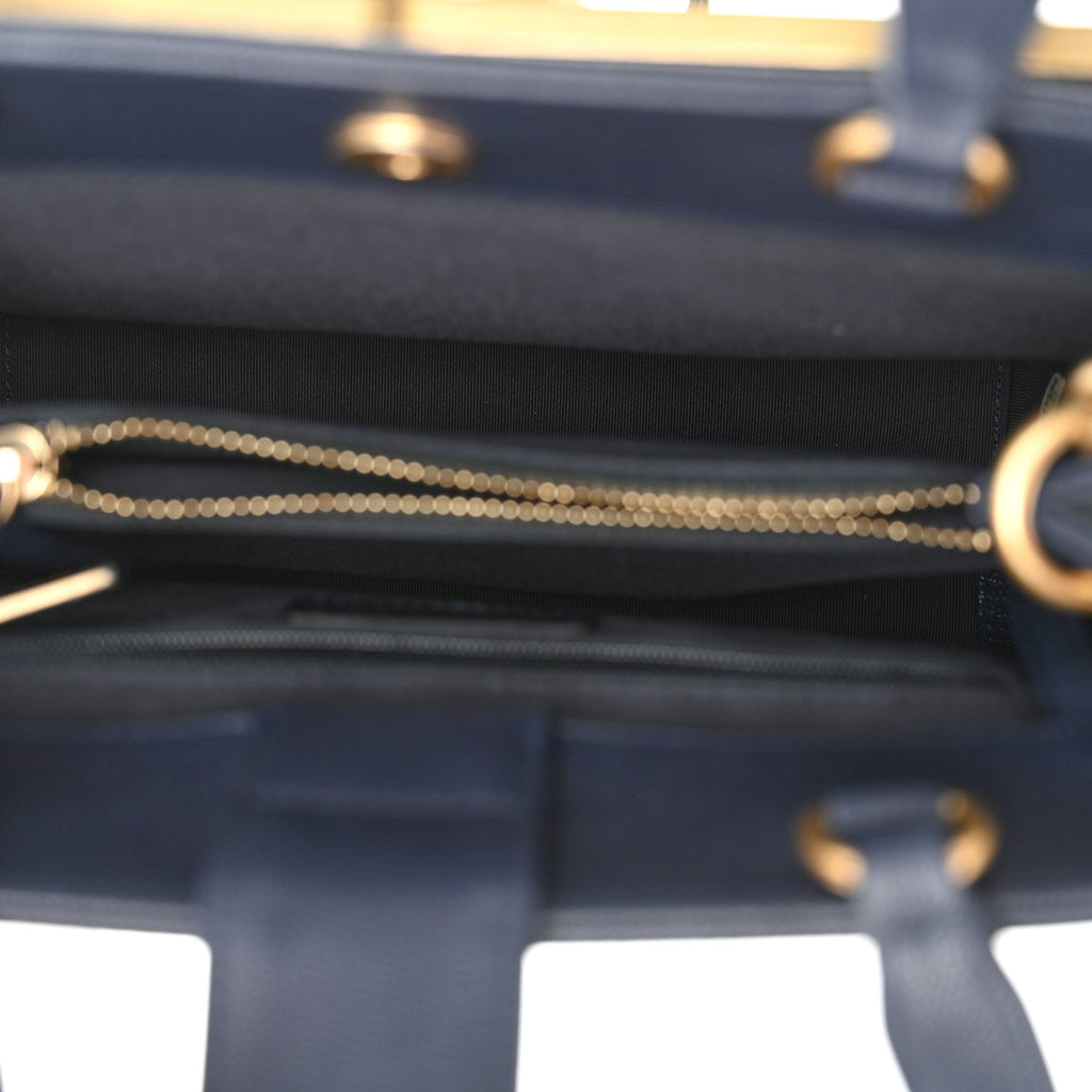 Grained Calfskin Stitched Small Lady Coco Top Handle Tote Navy