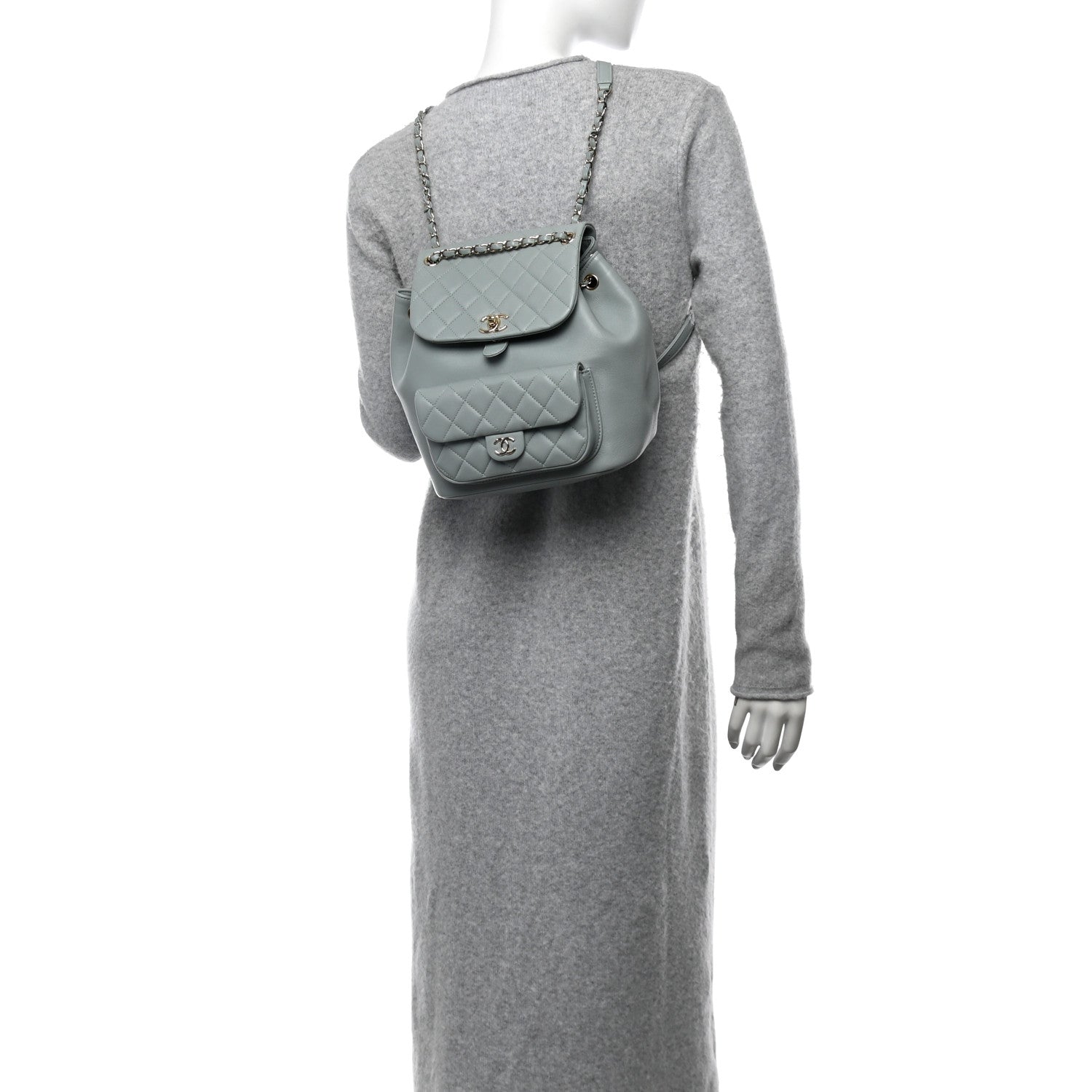 Lambskin Quilted Large Duma Drawstring Backpack Grey