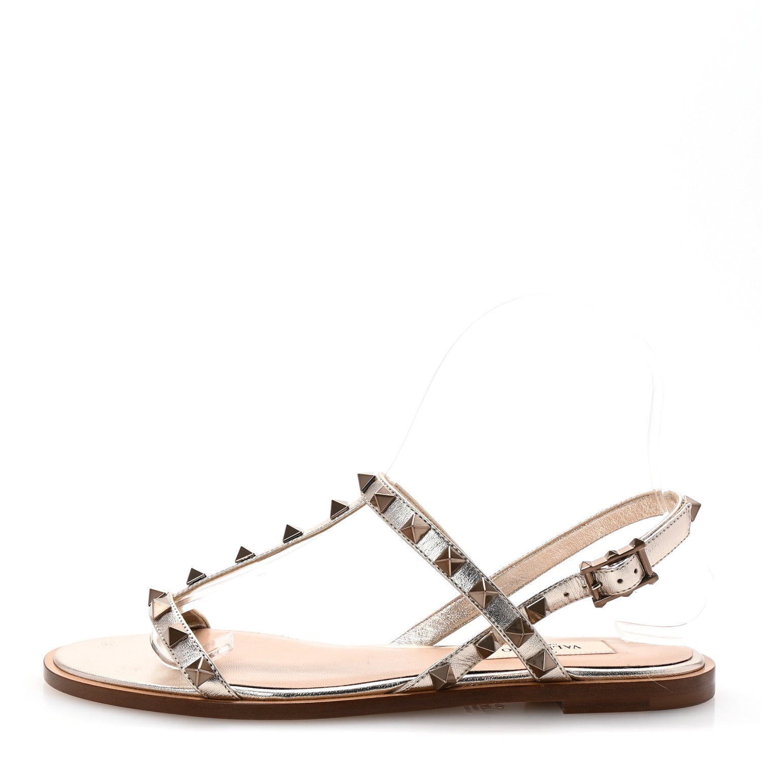 Metallic Nappa Rockstud T-Strap Slingback Flat Sandals 36 Skin