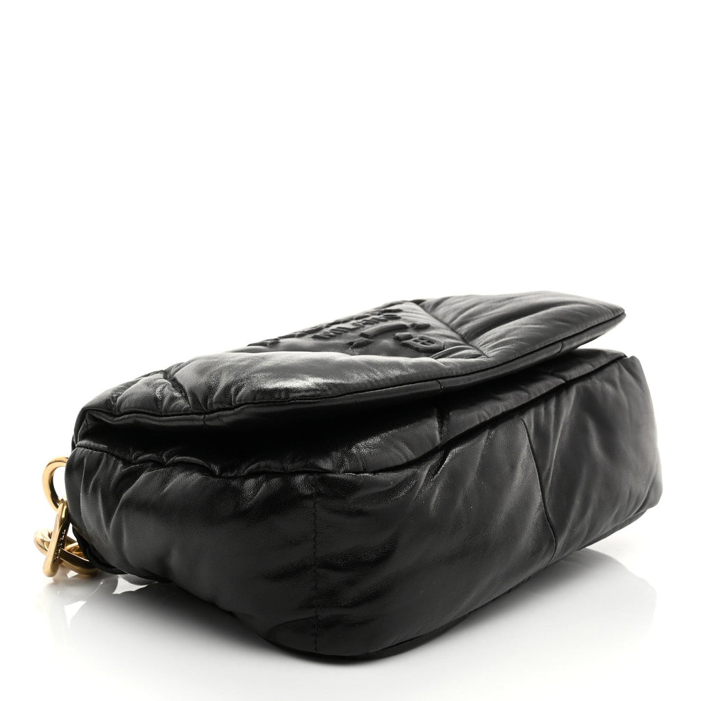 Nappa Soft Padded Logo Embossed Triangle Quilted Small Shoulder Bag Black