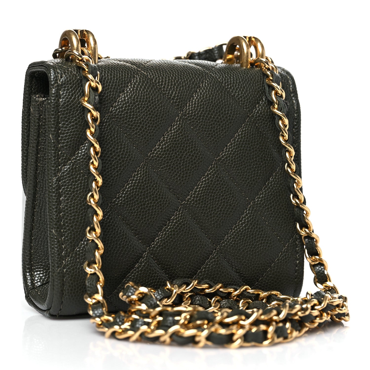 Caviar Quilted Coco First Clutch With Chain Khaki