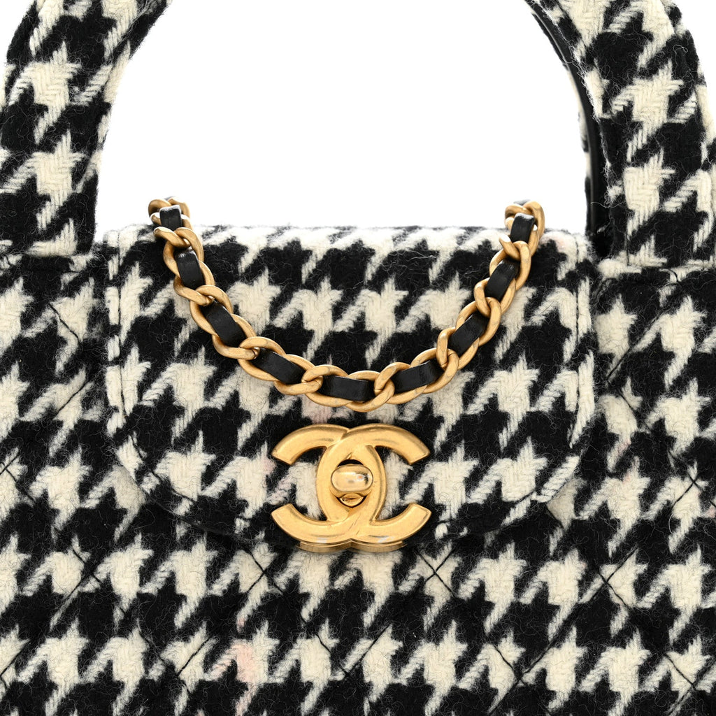 Tweed Houndstooth Quilted Nano Kelly Shopper Black White