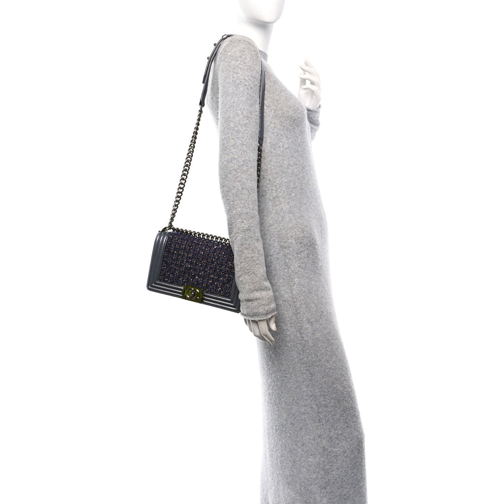 Tweed Metallic Lambskin Medium Boy Flap Silver