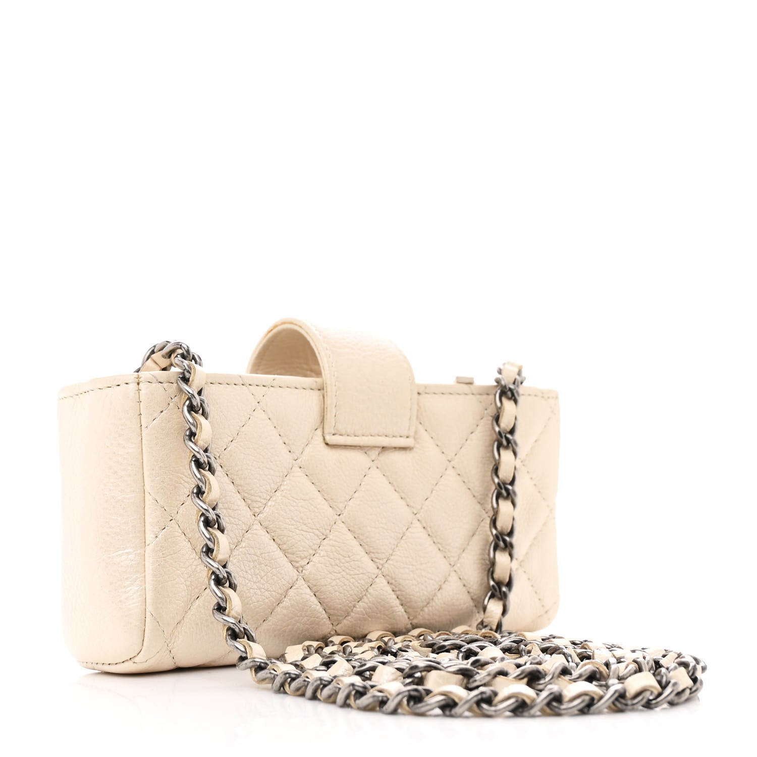 Metallic Calfskin Quilted Lucky Charms Mini Phone Holder Clutch Ivory
