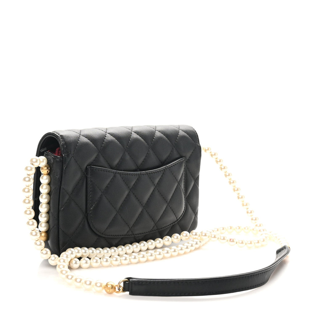 Calfskin Quilted Pearl Wallet On Chain WOC Black