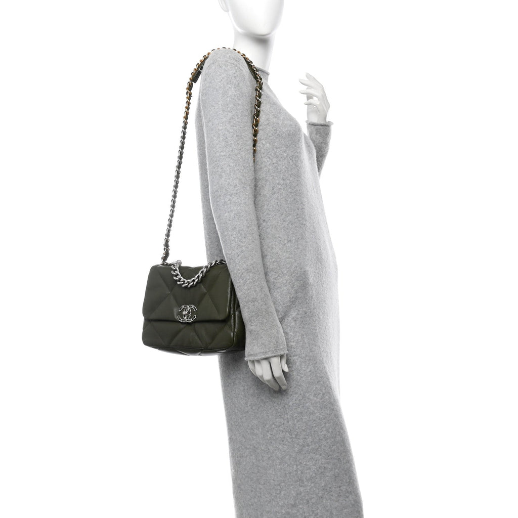 Lambskin Quilted Medium Chanel 19 Flap Khaki