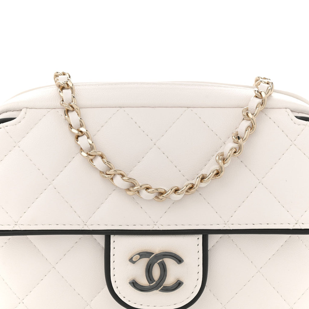 Lambskin Resin Quilted Chain Camera Bag White Black