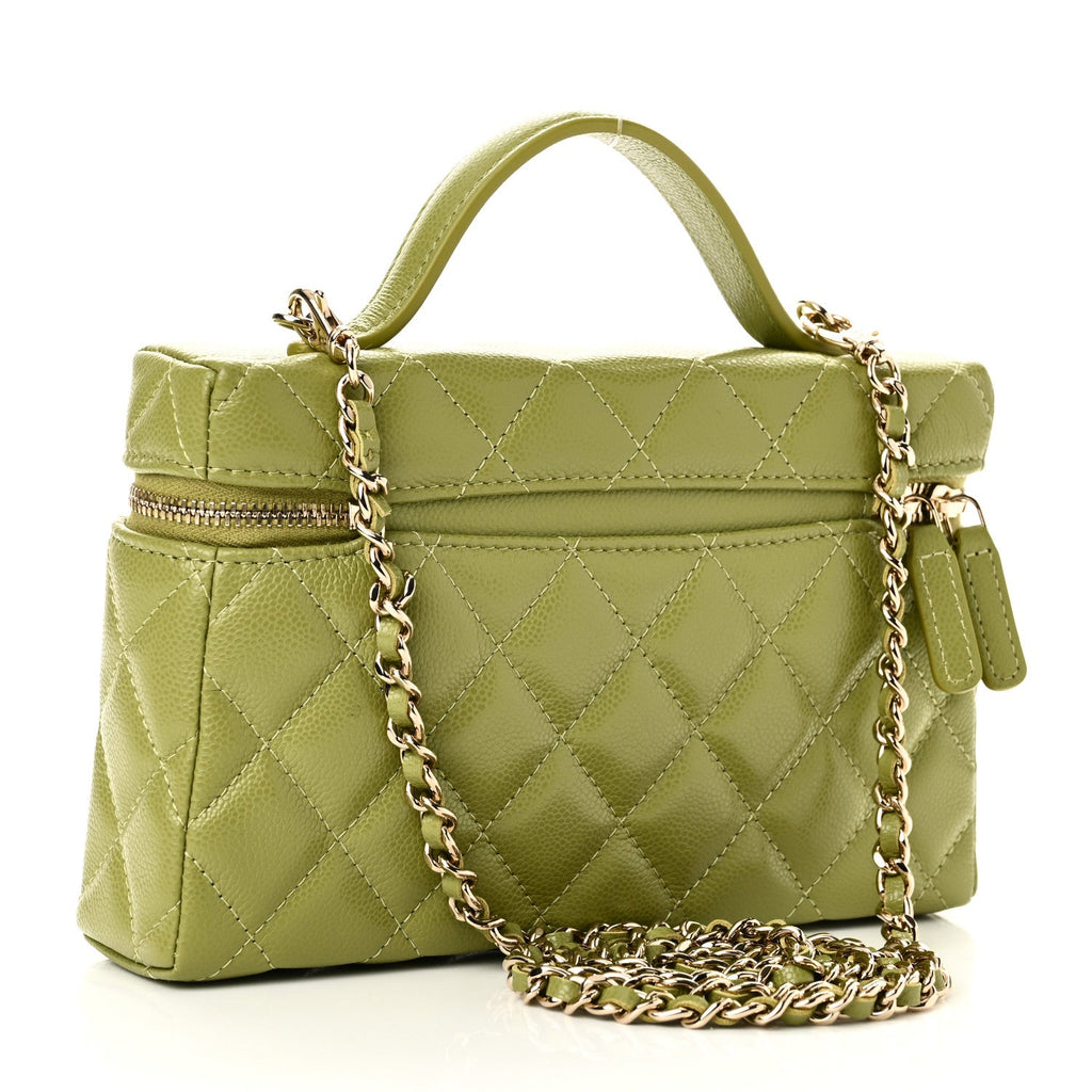 Caviar Quilted Top Handle Slim Vanity With Chain Khaki