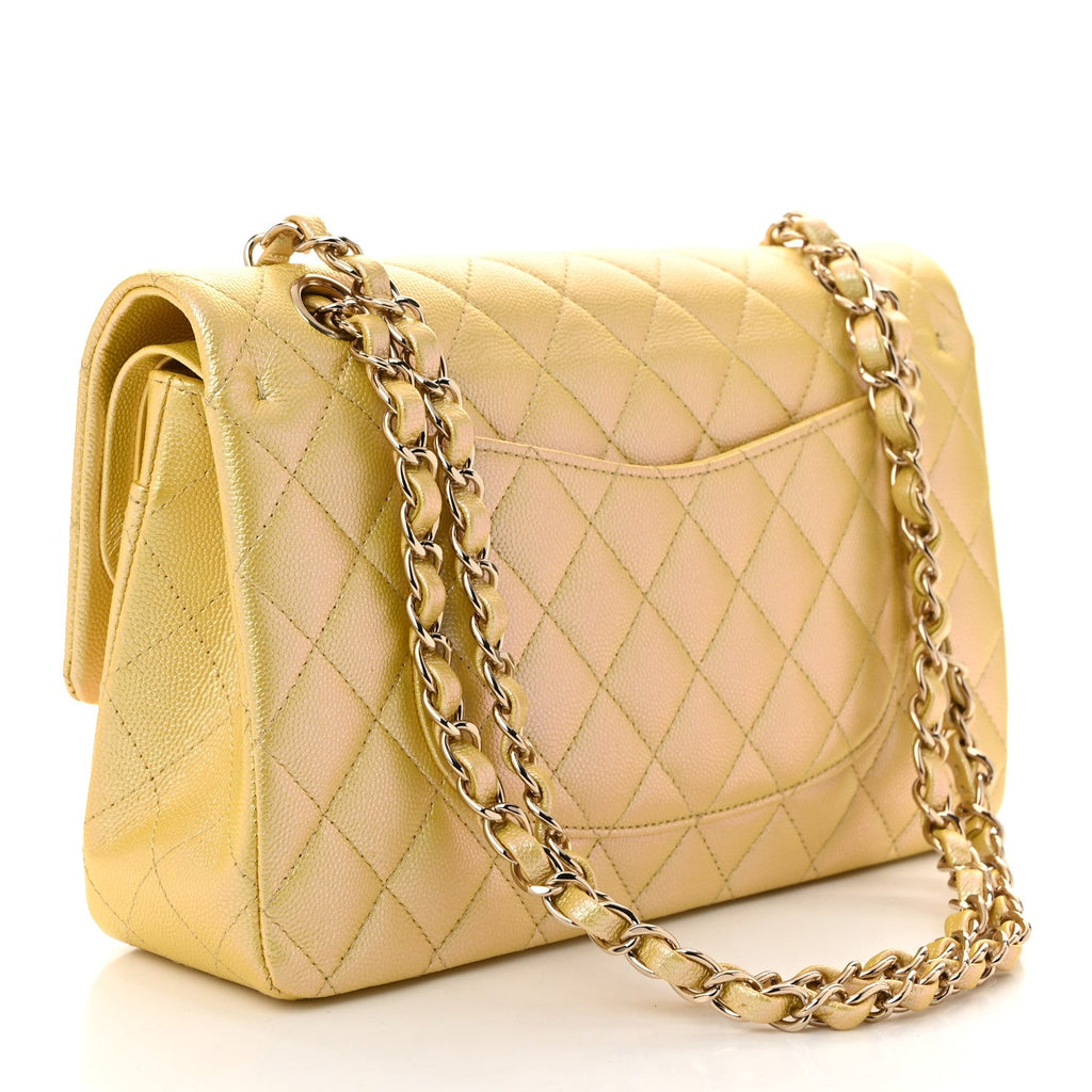 Iridescent Caviar Quilted Medium Double Flap Yellow