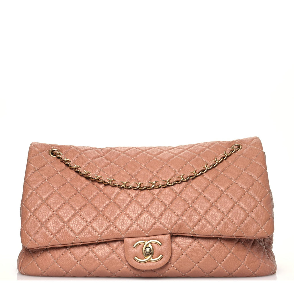 Calfskin Quilted XXL Travel Flap Bag Camel
