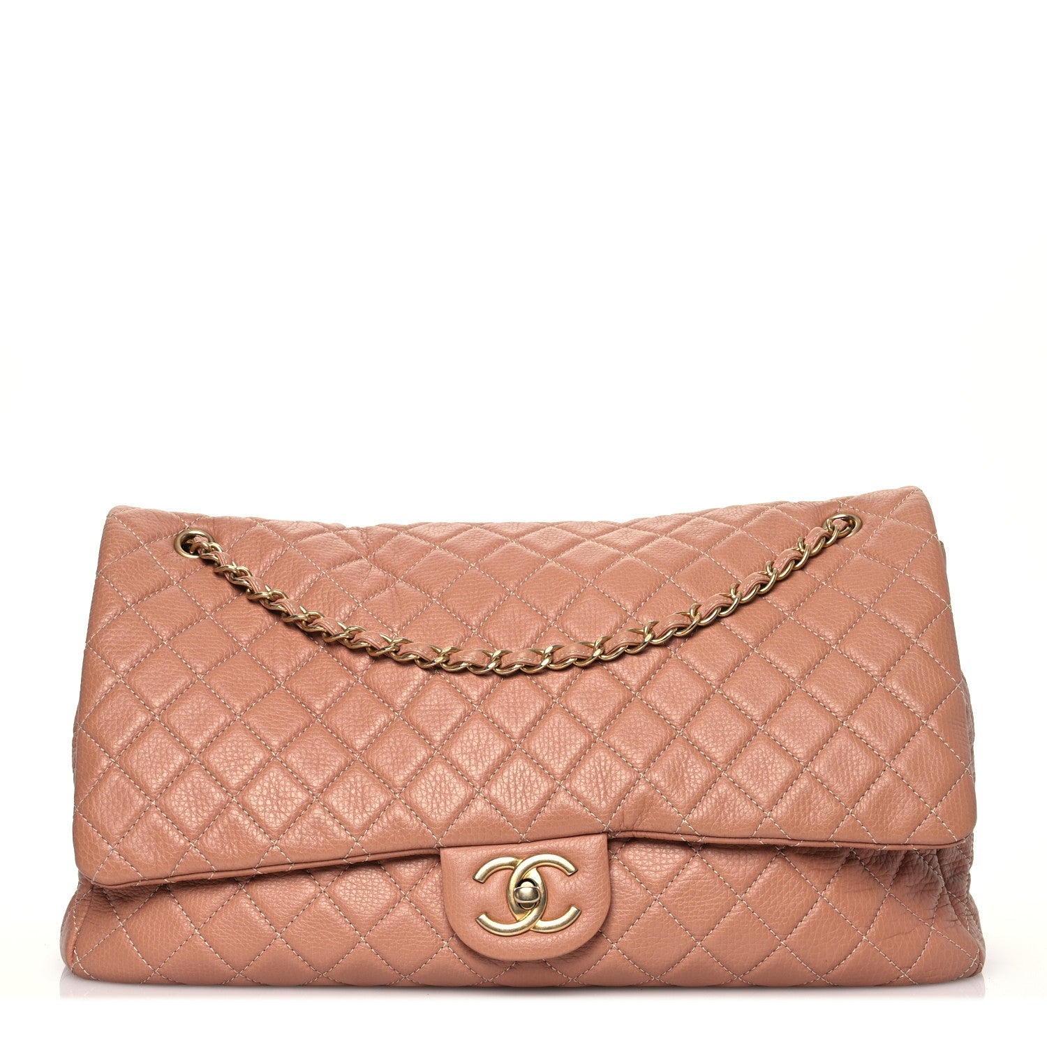 Calfskin Quilted XXL Travel Flap Bag Camel