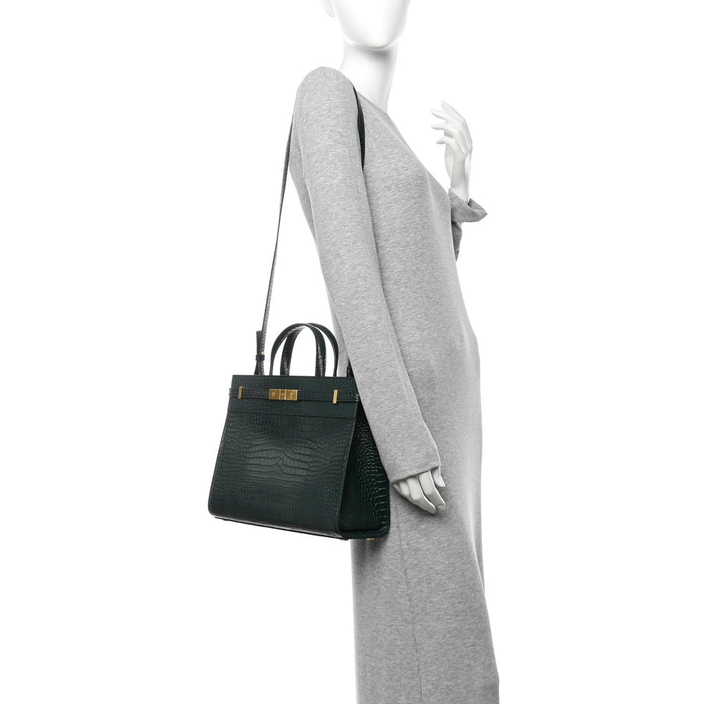Shiny Calfskin Crocodile Embossed Small Manhattan Shopper Tote Green