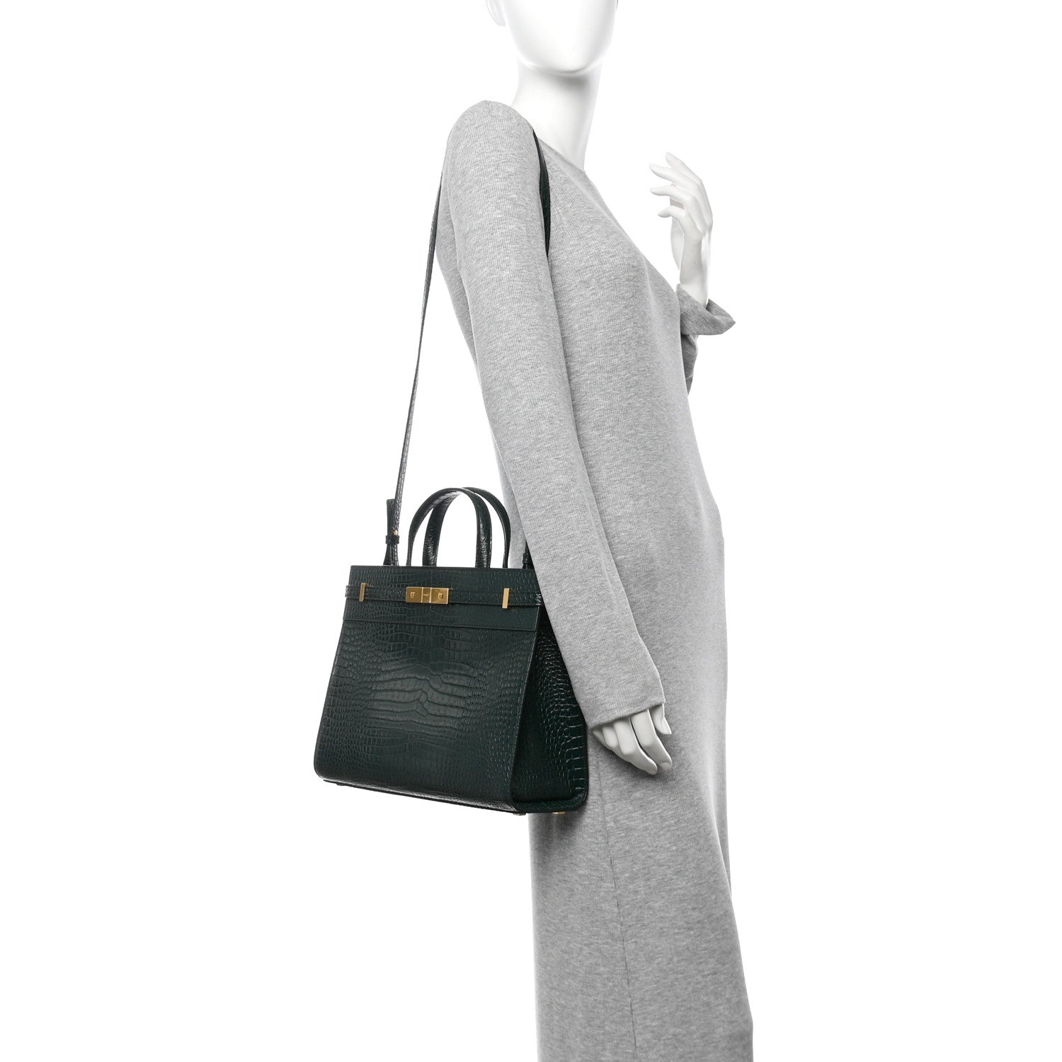 Shiny Calfskin Crocodile Embossed Small Manhattan Shopper Tote Green